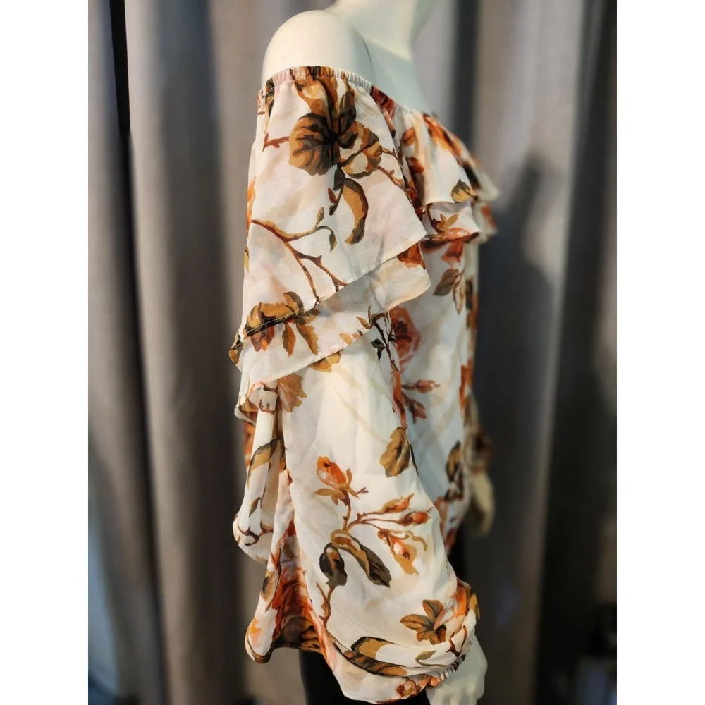 WHBM Off The Shoulder Floral Ruffle Collar Balloon Sleeve Chiffon‎ Blouse Sz M